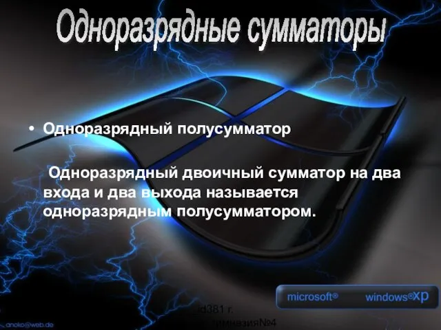 _______id381 г. Мурманск, гимназия№4 Одноразрядный полусумматор Одноразрядный двоичный сумматор на два входа