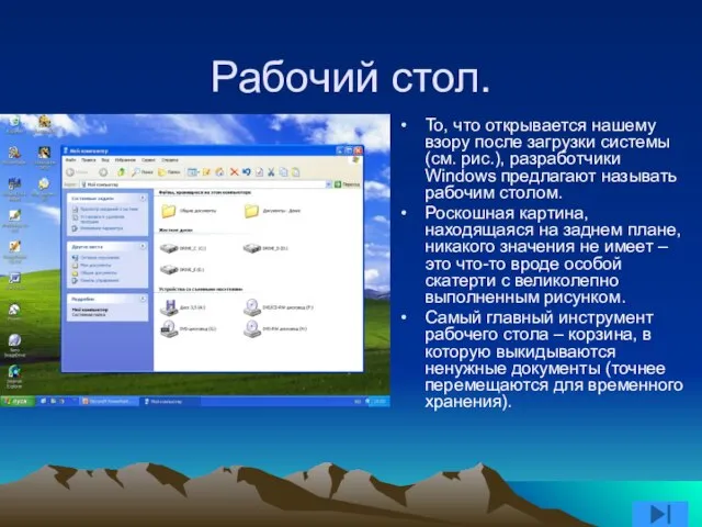 Рабочий стол. То, что открывается нашему взору после загрузки системы (см. рис.),