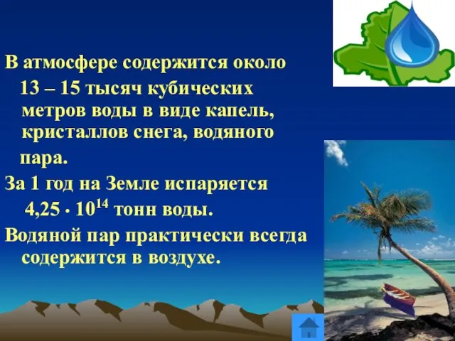 В атмосфере содержится около 13 – 15 тысяч кубических метров воды в