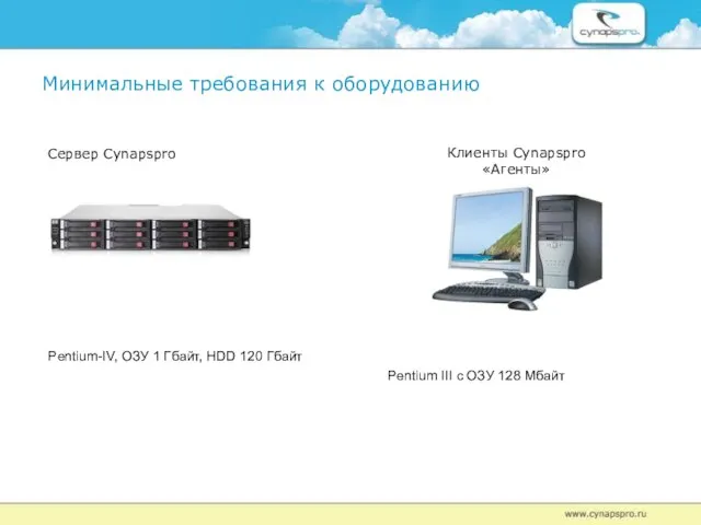 Минимальные требования к оборудованию Сервер Cynapspro Pentium-IV, ОЗУ 1 Гбайт, HDD 120