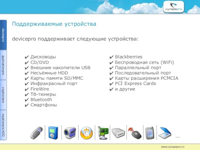 Поддерживаемые устройства devicepro поддерживает следующие устройства: Дисководы CD/DVD Внешние накопители USB Несъёмные