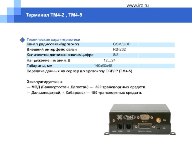 www.irz.ru Терминал ТМ4-2 , ТМ4-5 Технические характеристики Канал радиосвязи/протокол GSM/UDP Внешний интерфейс