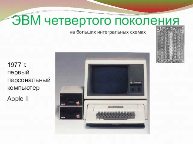 ЭВМ четвертого поколения на больших интегральных схемах 1977 г. первый персональный компьютер Apple II