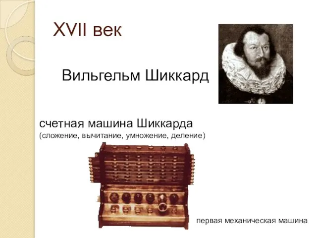 ХVII век Вильгельм Шиккард счетная машина Шиккарда (сложение, вычитание, умножение, деление) первая механическая машина