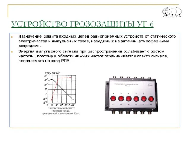 УСТРОЙСТВО ГРОЗОЗАЩИТЫ УГ-6 Назначение: защита входных цепей радиоприемных устройств от статического электричества