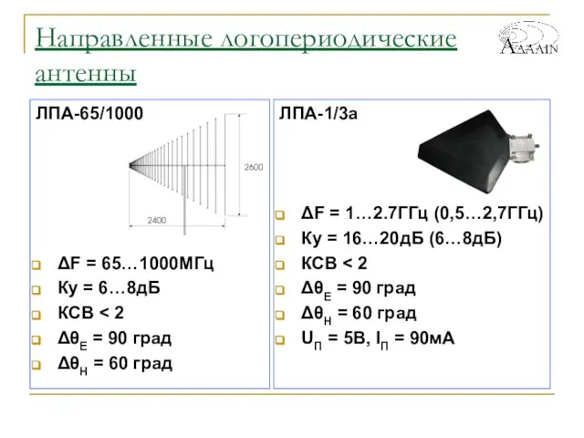 Направленные логопериодические антенны ЛПА-1/3а ΔF = 1…2.7ГГц (0,5…2,7ГГц) Ку = 16…20дБ (6…8дБ)