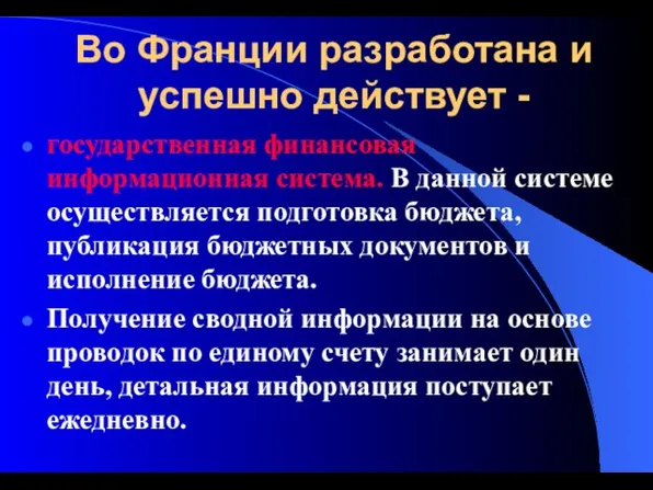 Во Франции разработана и успешно действует - государственная финансовая информационная система. В