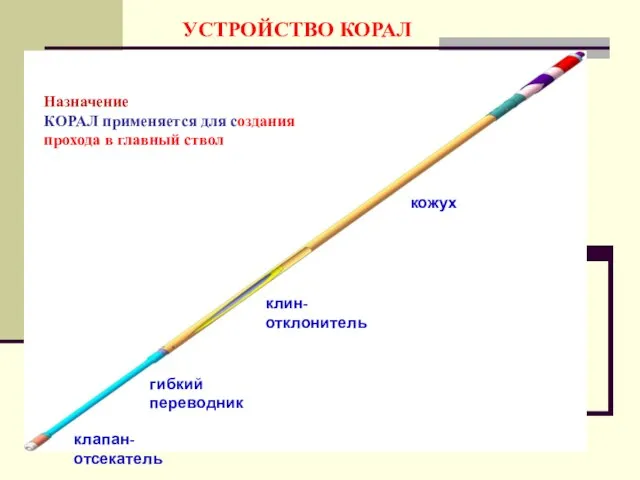 УСТРОЙСТВО КОРАЛ Назначение КОРАЛ применяется для создания прохода в главный ствол кожух клин-отклонитель гибкий переводник клапан-отсекатель