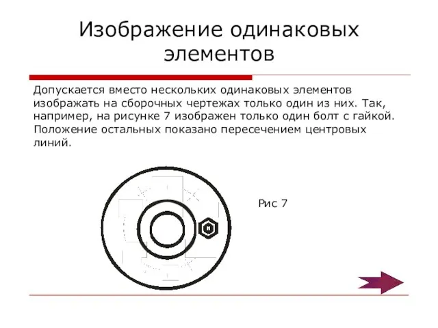 Изображение одинаковых элементов Допускается вместо нескольких одинаковых элементов изображать на сборочных чертежах