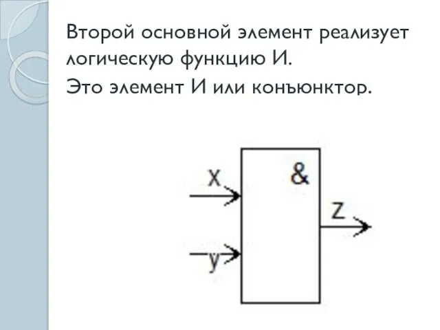 Второй основной элемент реализует логическую функцию И. Это элемент И или конъюнктор.