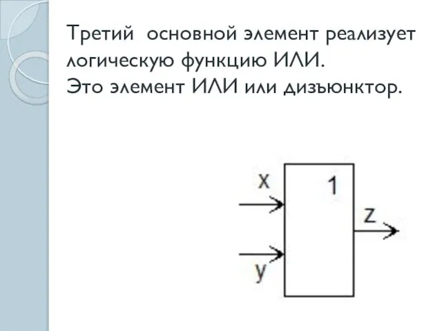 Третий основной элемент реализует логическую функцию ИЛИ. Это элемент ИЛИ или дизъюнктор.
