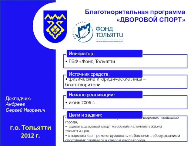 г.о. Тольятти 2012 г. Благотворительная программа «ДВОРОВОЙ СПОРТ» Докладчик: Андреев Сергей Игоревич