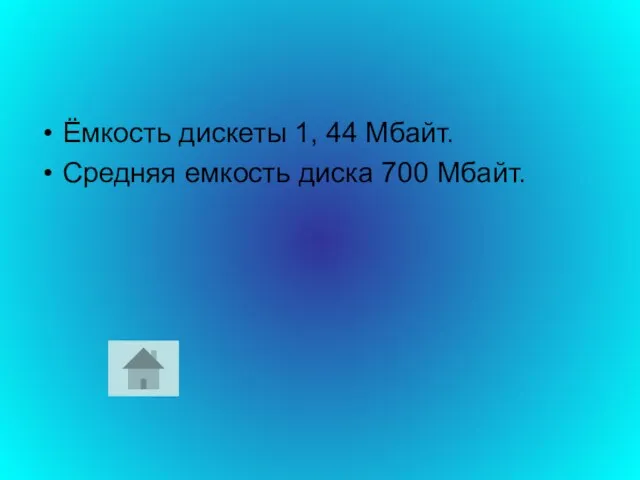 Ёмкость дискеты 1, 44 Мбайт. Средняя емкость диска 700 Мбайт.