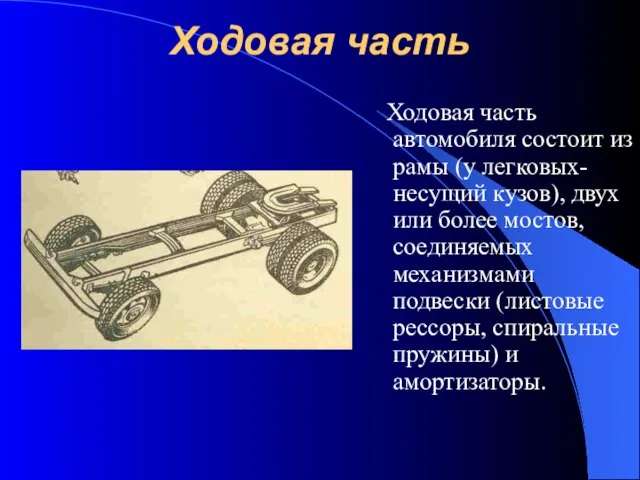 Ходовая часть Ходовая часть автомобиля состоит из рамы (у легковых- несущий кузов),