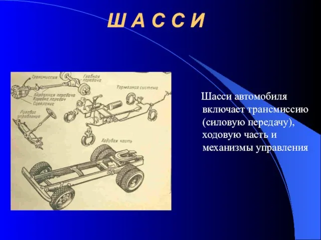 Ш А С С И Шасси автомобиля включает трансмиссию (силовую передачу), ходовую часть и механизмы управления