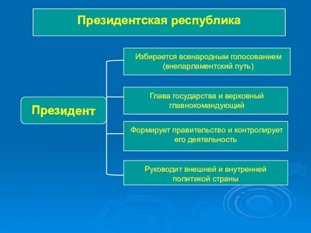 Президентская республика Президент Избирается всенародным голосованием (внепарламентский путь) Глава государства и верховный