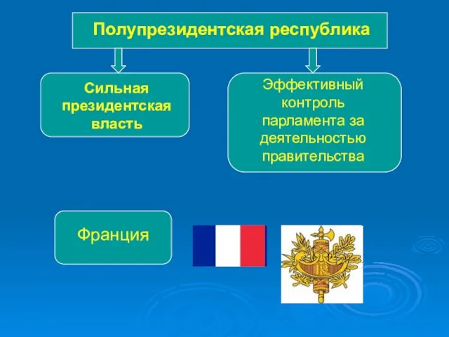 Полупрезидентская республика Сильная президентская власть Эффективный контроль парламента за деятельностью правительства Франция