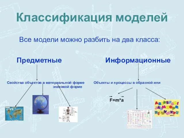 Классификация моделей Все модели можно разбить на два класса: Предметные Информационные Свойства