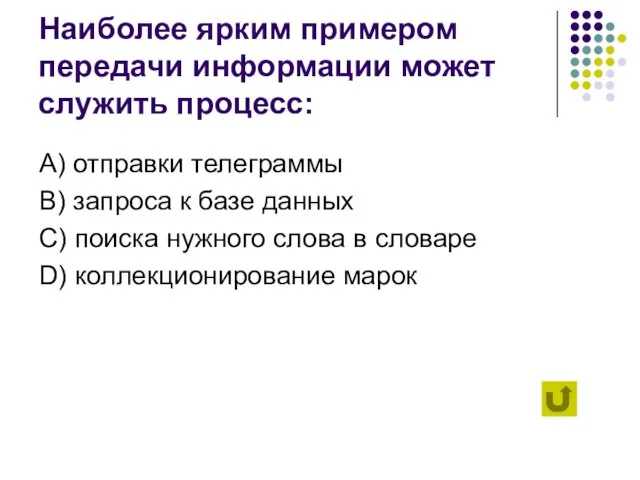 Наиболее ярким примером передачи информации может служить процесс: А) отправки телеграммы B)