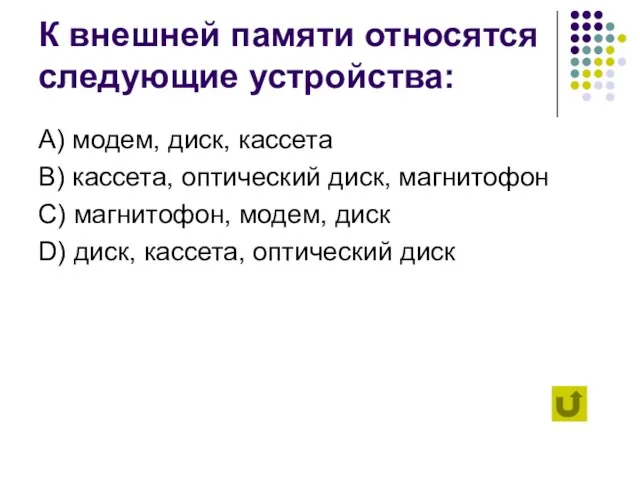 К внешней памяти относятся следующие устройства: А) модем, диск, кассета B) кассета,