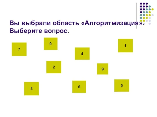 Вы выбрали область «Алгоритмизация». Выберите вопрос. 1 2 3 4 5 6 7 9 9