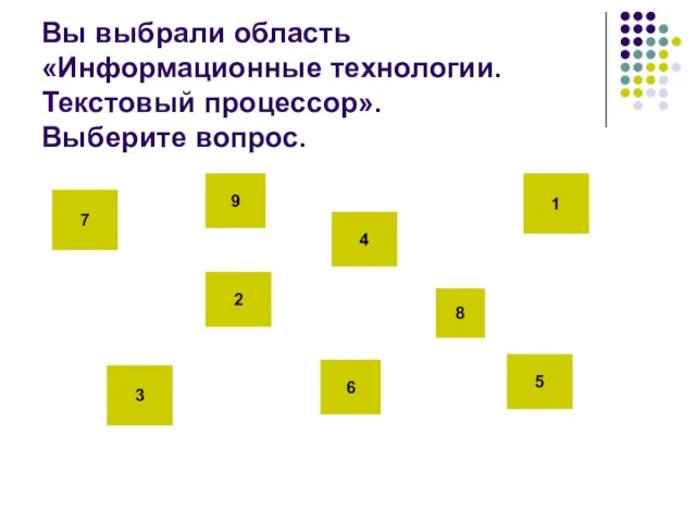 Вы выбрали область «Информационные технологии. Текстовый процессор». Выберите вопрос. 1 2 3