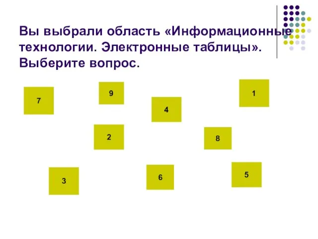 Вы выбрали область «Информационные технологии. Электронные таблицы». Выберите вопрос. 1 2 3