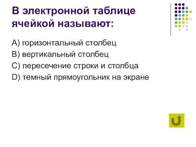 В электронной таблице ячейкой называют: А) горизонтальный столбец B) вертикальный столбец C)