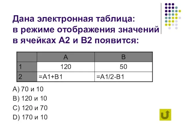 Дана электронная таблица: в режиме отображения значений в ячейках А2 и В2