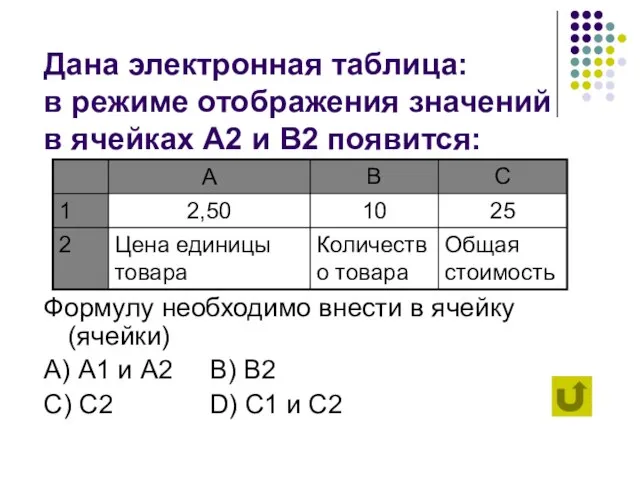 Дана электронная таблица: в режиме отображения значений в ячейках А2 и В2