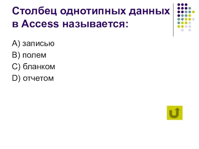 Столбец однотипных данных в Access называется: А) записью B) полем C) бланком D) отчетом