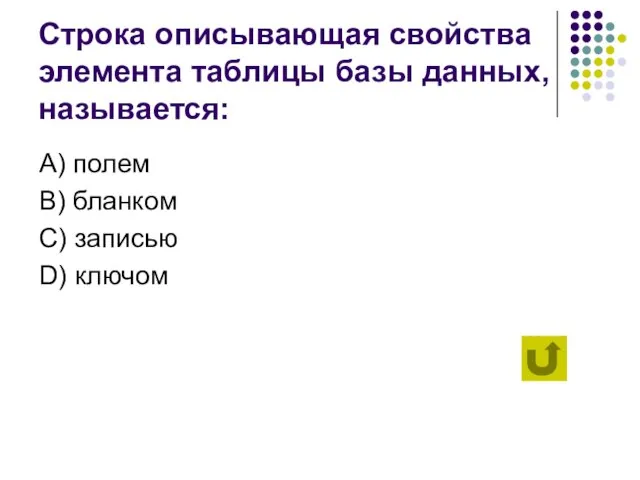 Строка описывающая свойства элемента таблицы базы данных, называется: А) полем B) бланком C) записью D) ключом