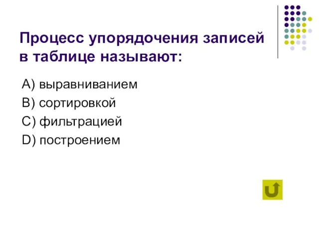 Процесс упорядочения записей в таблице называют: А) выравниванием B) сортировкой C) фильтрацией D) построением