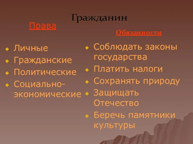 Личные Гражданские Политические Социально-экономические Соблюдать законы государства Платить налоги Сохранять природу Защищать