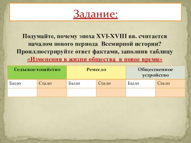 Задание: Подумайте, почему эпоха XVI-XVIII вв. считается началом нового периода Всемирной истории?