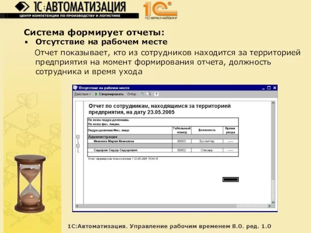 Система формирует отчеты: Отсутствие на рабочем месте Отчет показывает, кто из сотрудников