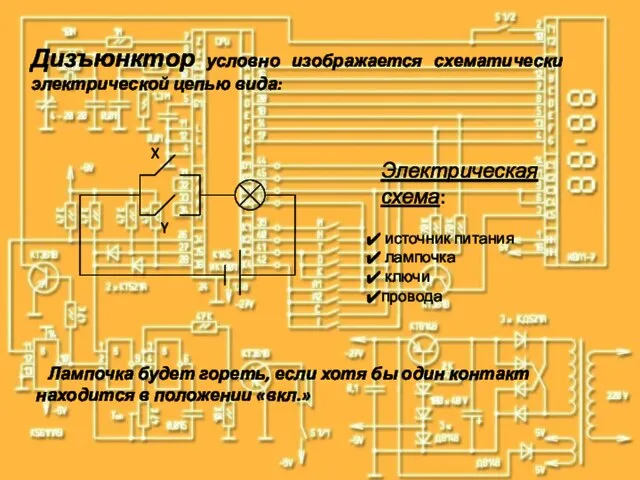 X Y Электрическая схема: источник питания лампочка ключи провода Лампочка будет гореть,