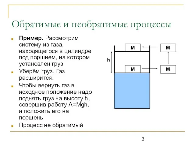 Обратимые и необратимые процессы Пример. Рассмотрим систему из газа, находящегося в цилиндре