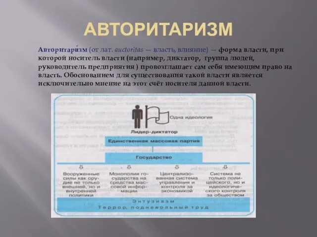 АВТОРИТАРИЗМ Авторитари́зм (от лат. auctoritas — власть, влияние) — форма власти, при