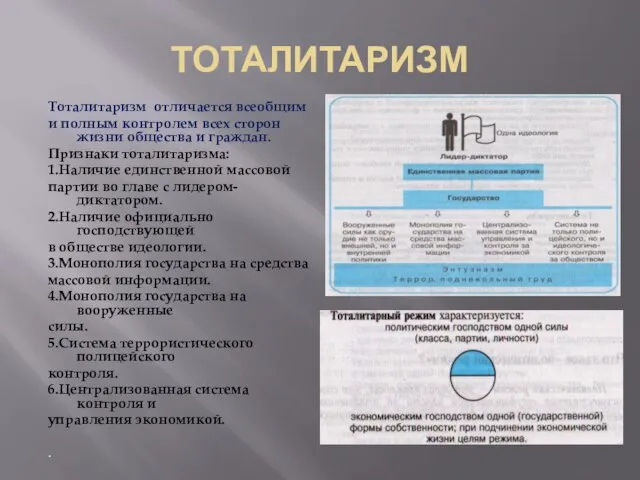 ТОТАЛИТАРИЗМ Тоталитаризм отличается всеобщим и полным контролем всех сторон жизни общества и