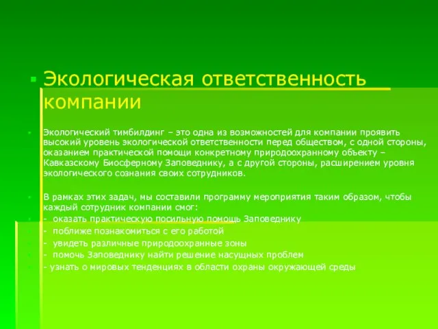 Экологическая ответственность компании Экологический тимбилдинг – это одна из возможностей для компании