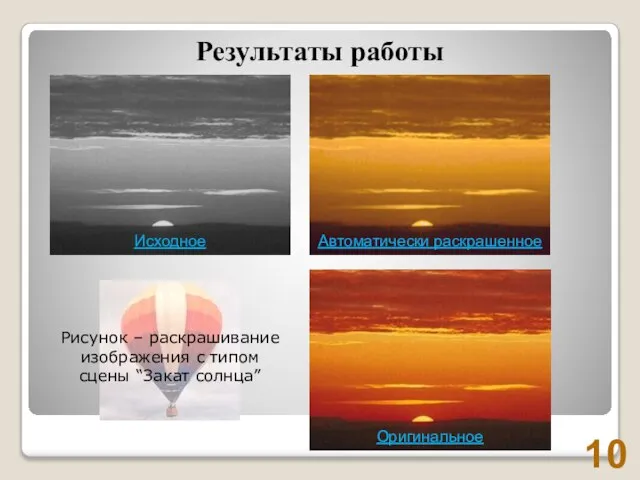Результаты работы Исходное Автоматически раскрашенное Оригинальное Рисунок – раскрашивание изображения с типом сцены “Закат солнца”