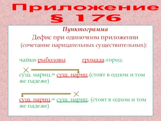 Приложение § 176 Пунктограмма Дефис при одиночном приложении (сочетание нарицательных существительных): чайки-рыболовы