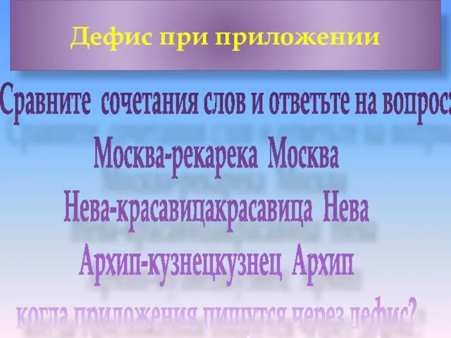 Дефис при приложении Сравните сочетания слов и ответьте на вопрос: Москва-река река