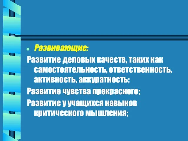 Развивающие: Развитие деловых качеств, таких как самостоятельность, ответственность, активность, аккуратность; Развитие чувства