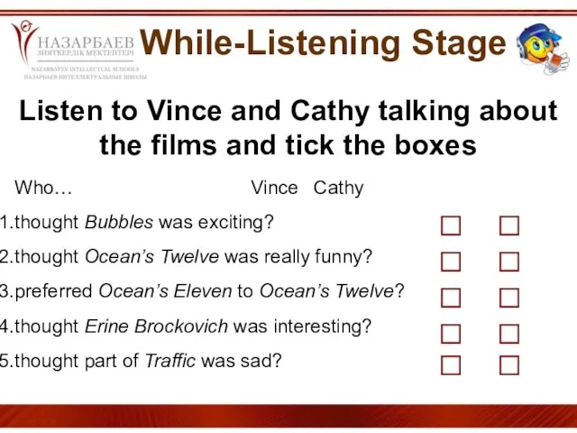 While-Listening Stage Listen to Vince and Cathy talking about the films and