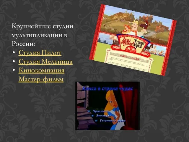 Крупнейшие студии мультипликации в России: Студия Пилот Студия Мельница Кинокомпания Мастер-фильм