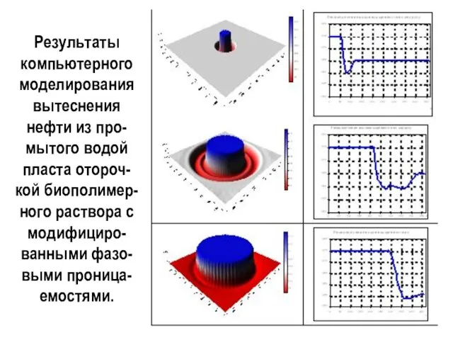 Результаты компьютерного моделирования вытеснения нефти из про-мытого водой пласта отороч-кой биополимер-ного раствора с модифициро-ванными фазо-выми проница-емостями.