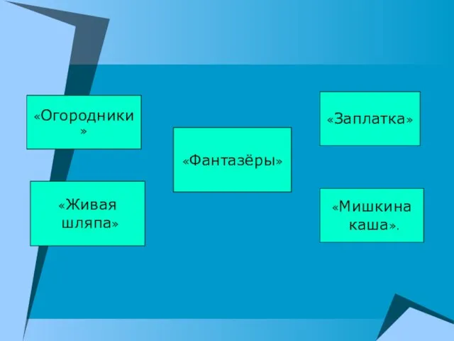 «Огородники» «Живая шляпа» «Фантазёры» «Заплатка» «Мишкина каша».