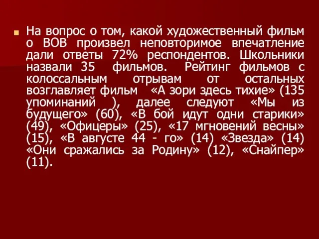 На вопрос о том, какой художественный фильм о ВОВ произвел неповторимое впечатление